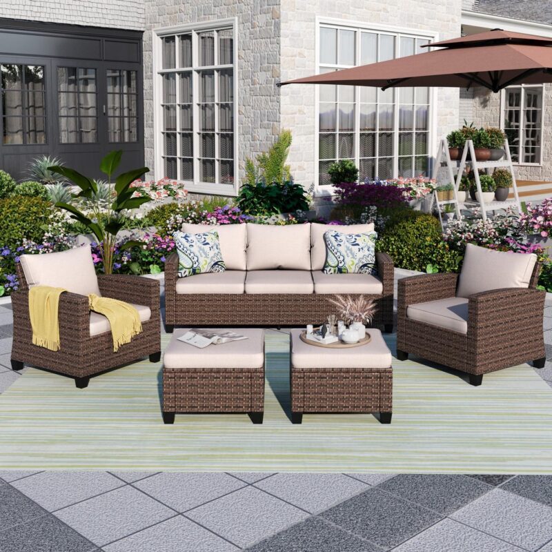 MF Studio 7-Seat Outdoor Patio Conversation Set Wicker Furniture Sofa Set Beige - Image 8