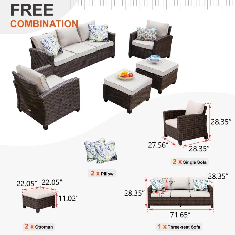 MF Studio 7-Seat Outdoor Patio Conversation Set Wicker Furniture Sofa Set Beige - Image 9