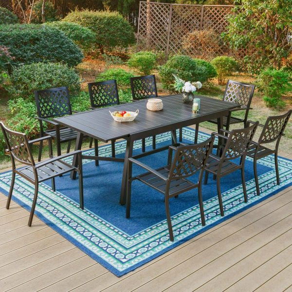 MF Studio 9-Piece Outdoor Patio Dining Set with Large Expandable Table and Stacking Chairs for 8, Black