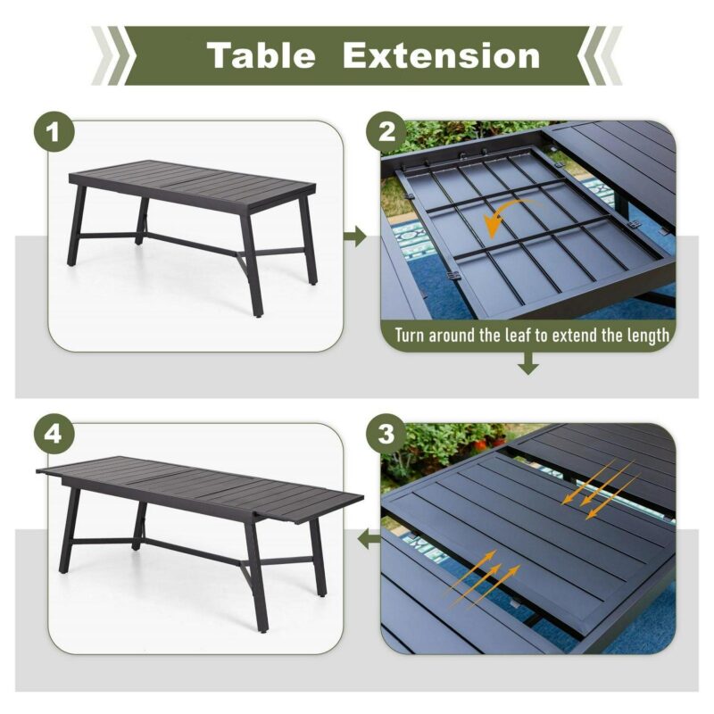 MF Studio 9-Piece Outdoor Patio Dining Set with Large Expandable Table and Stacking Chairs for 8, Black - Image 6