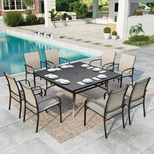 MF Studio 9-Piece Outdoor Patio Dining Set with Large Square Steel Table and Textilene Chairs for 8-Person, Steel Frame, Black and Brown