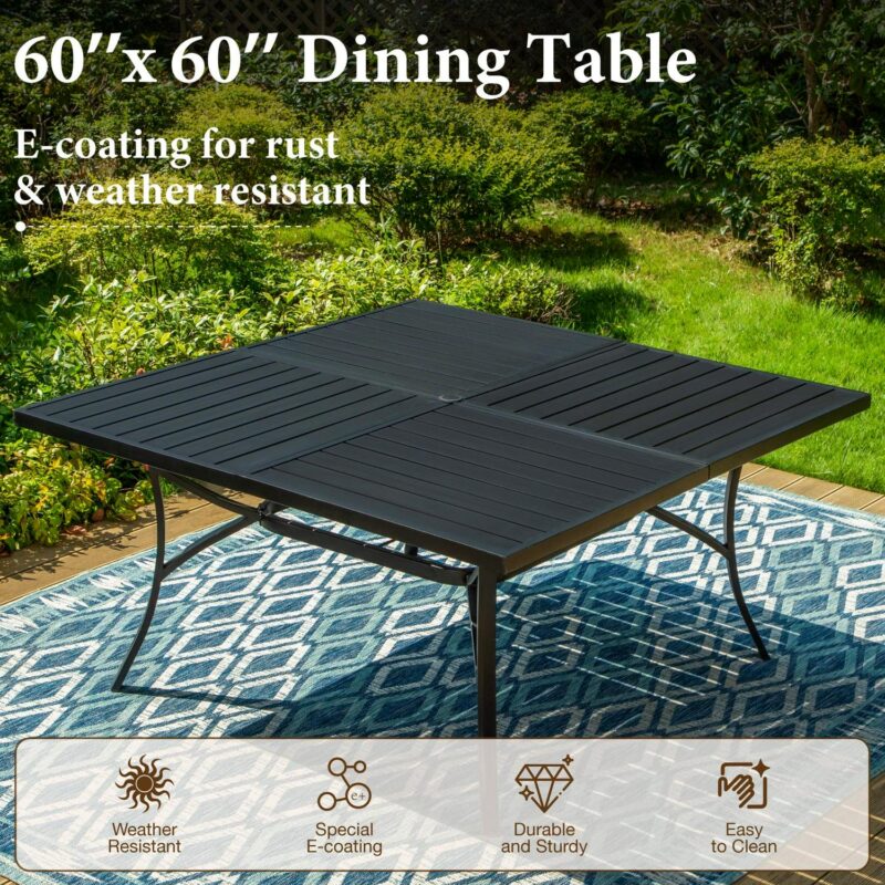 MF Studio 9-Piece Outdoor Patio Dining Set with Large Square Steel Table and Textilene Chairs for 8-Person, Steel Frame, Black and Brown - Image 11