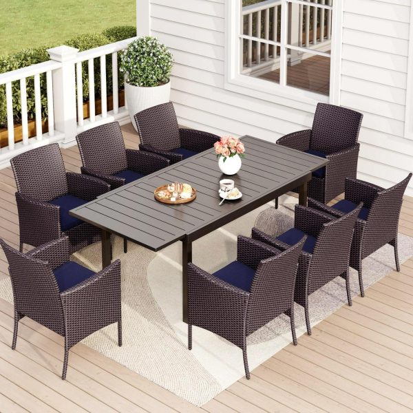 MF Studio 9-Piece Outdoor Patio Dining Set with Metal Extendable Dining Table and 8 Rattan Chairs for Outdoor, Yard, Porch