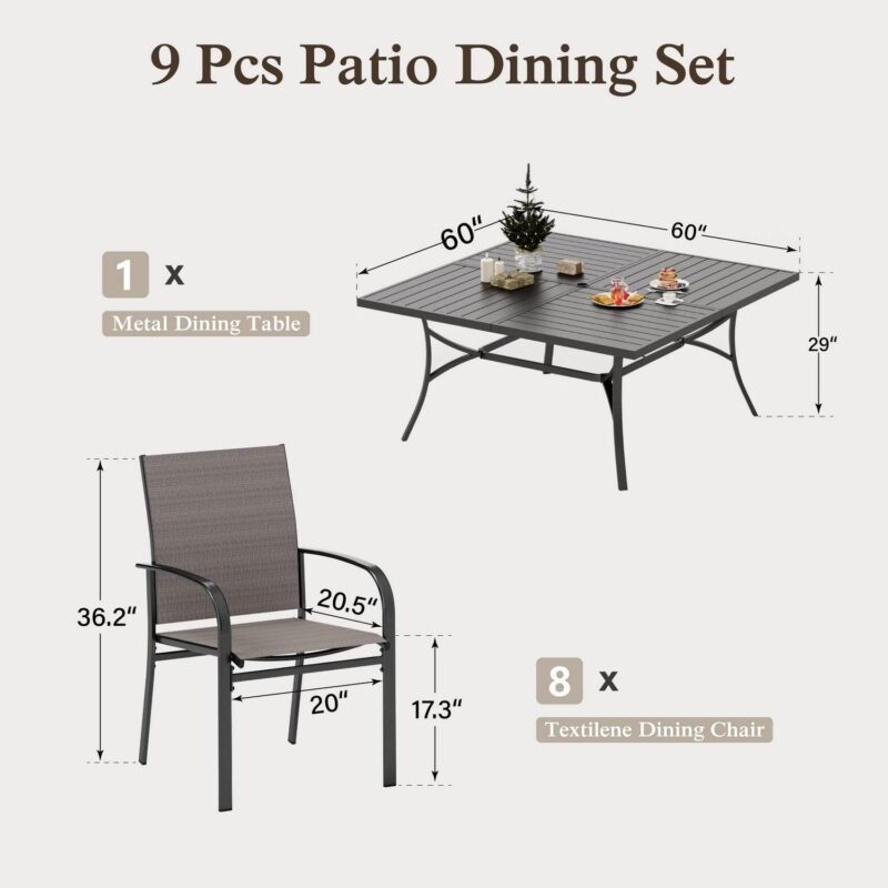 MF Studio 9-Piece Outdoor Patio Dining Set with Large Square Steel Table and Textilene Chairs for 8-Person, Steel Frame, Black and Brown - Image 12