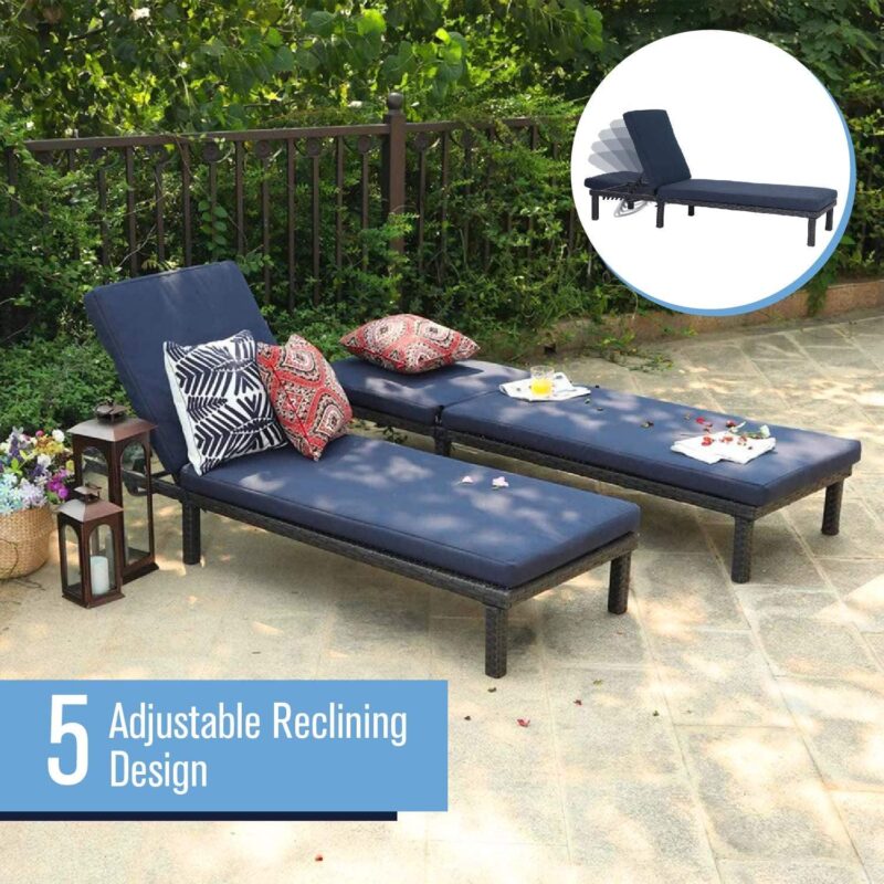 MF Studio Set of 2 Outdoor Patio Adjustable Wicker Chaise Lounge, Navy Blue - Image 9