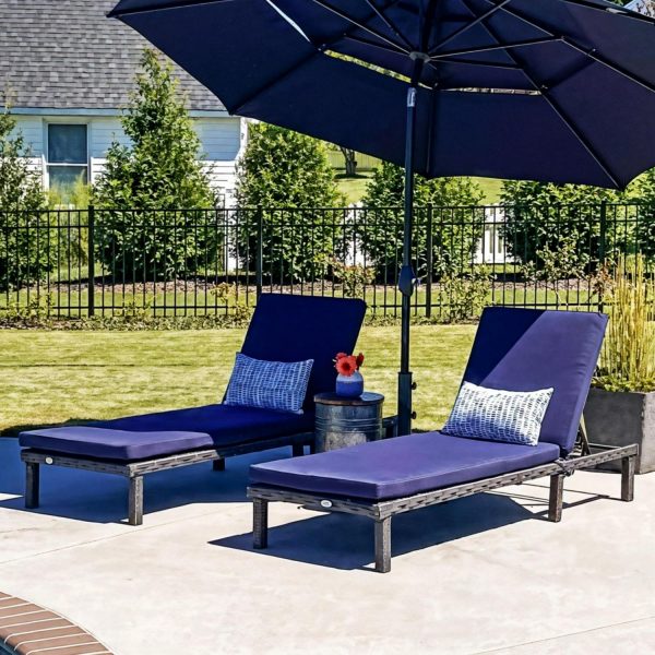MF Studio Set of 2 Outdoor Patio Adjustable Wicker Chaise Lounge, Navy Blue