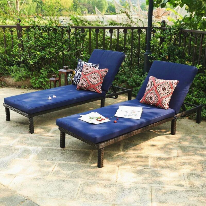 MF Studio Set of 2 Outdoor Patio Adjustable Wicker Chaise Lounge, Navy Blue - Image 2