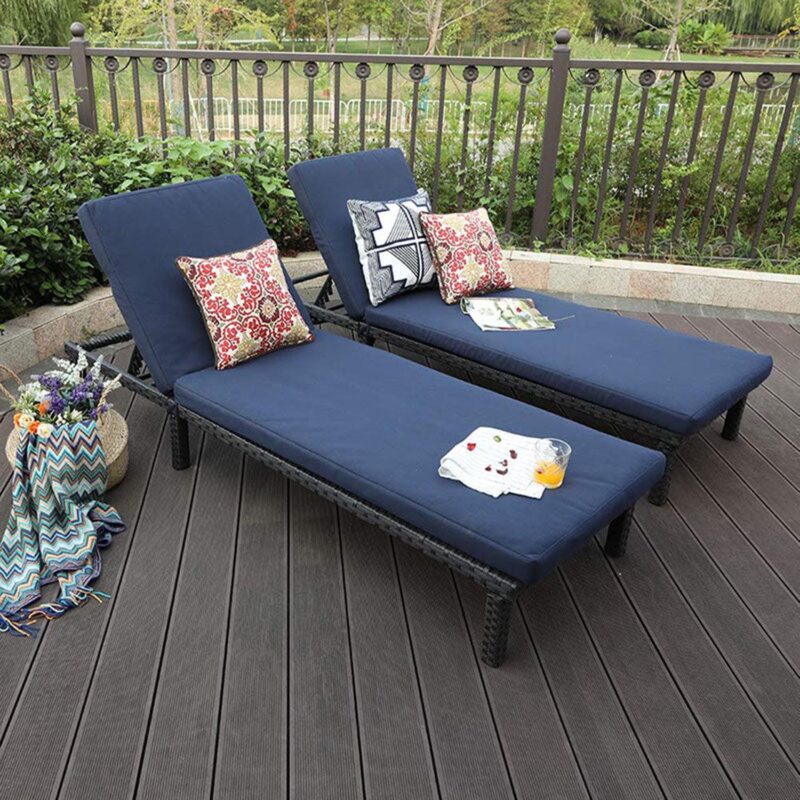 MF Studio Set of 2 Outdoor Patio Adjustable Wicker Chaise Lounge, Navy Blue - Image 3