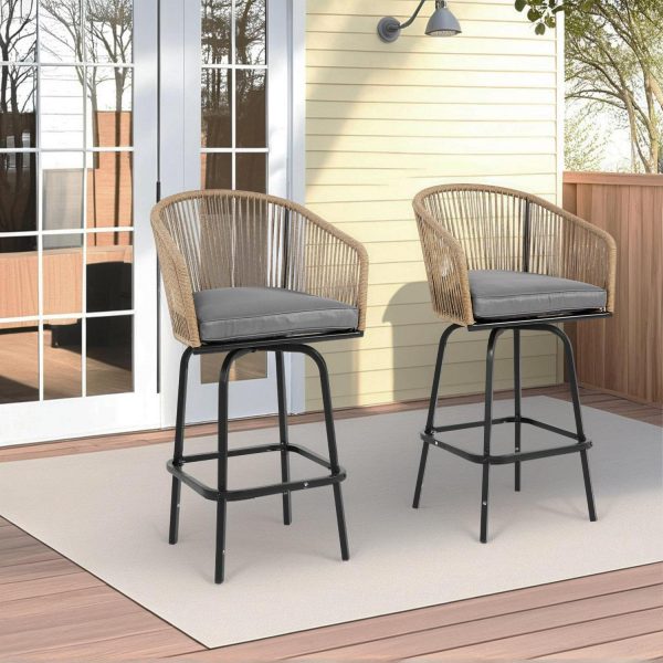 MOONMISS Outdoor Patio 360A Swivel All Weather Rattan Bar Stools(set of 2) with Backrest-Gray
