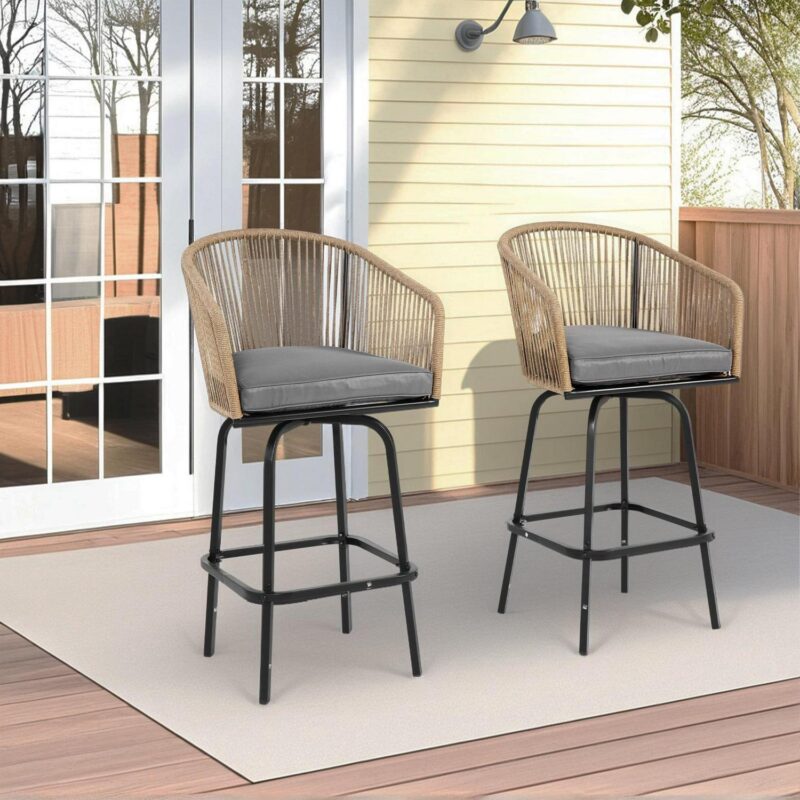 MOONMISS Outdoor Patio 360A Swivel All Weather Rattan Bar Stools(set of 2) with Backrest-Gray