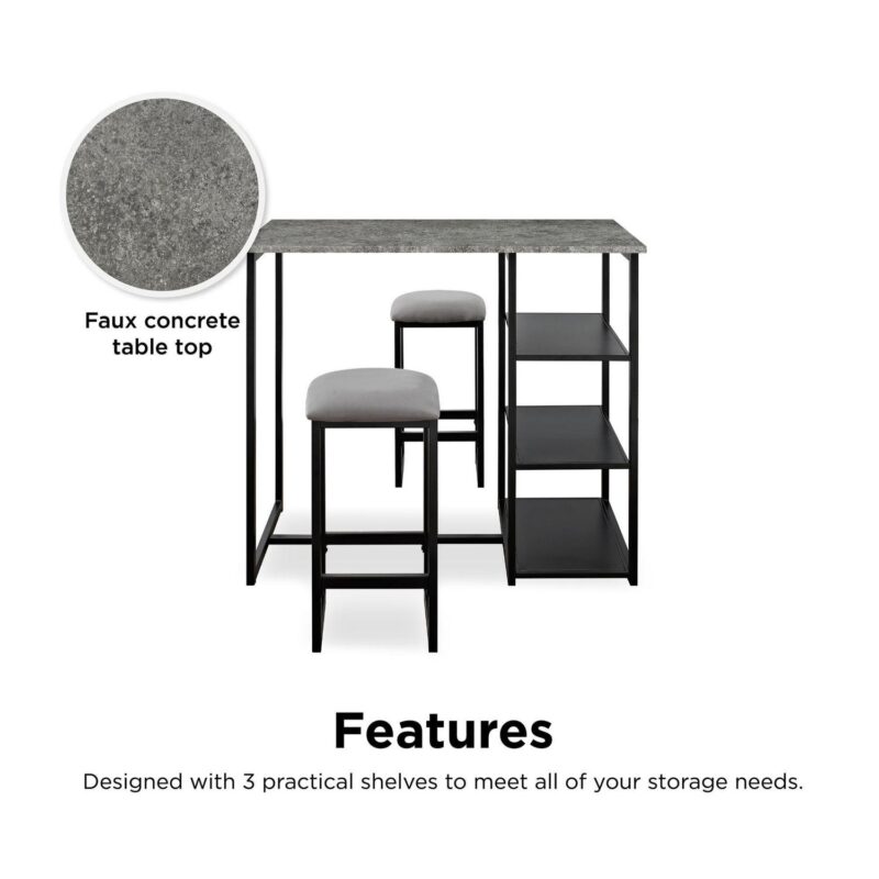 Mainstays 3-Piece Metal Pub Set with Faux Concrete Top, Gray and Black - Image 7