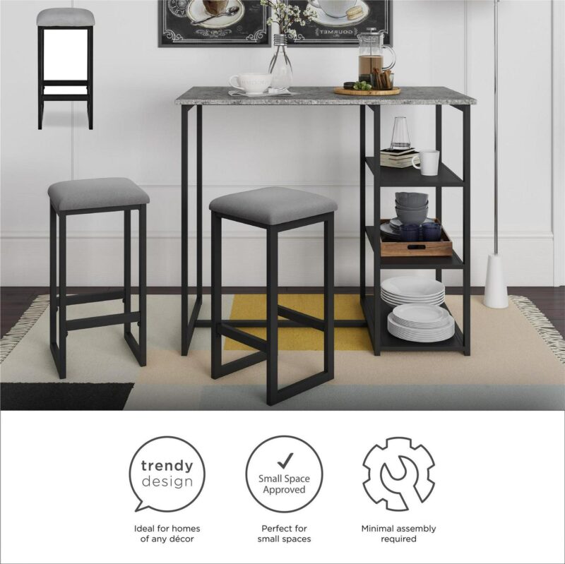 Mainstays 3-Piece Metal Pub Set with Faux Concrete Top, Gray and Black - Image 14