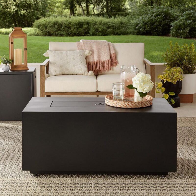 Mainstays 42  Rectangle Black Finish Modern Steel Fire Pit: 42  x 20  50000 BTU Propane Fire Pit Table with Lid, Tank Hideaway and Cover - Image 3