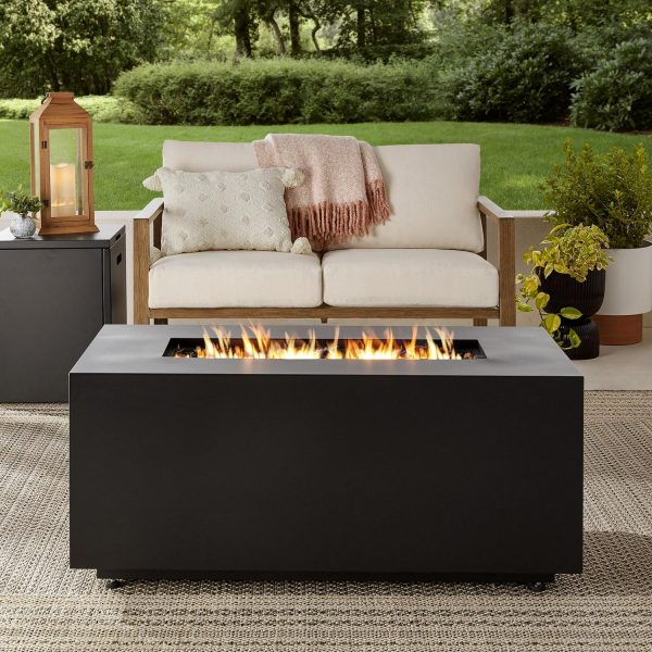 Mainstays 42  Rectangle Black Finish Modern Steel Fire Pit: 42  x 20  50000 BTU Propane Fire Pit Table with Lid, Tank Hideaway and Cover