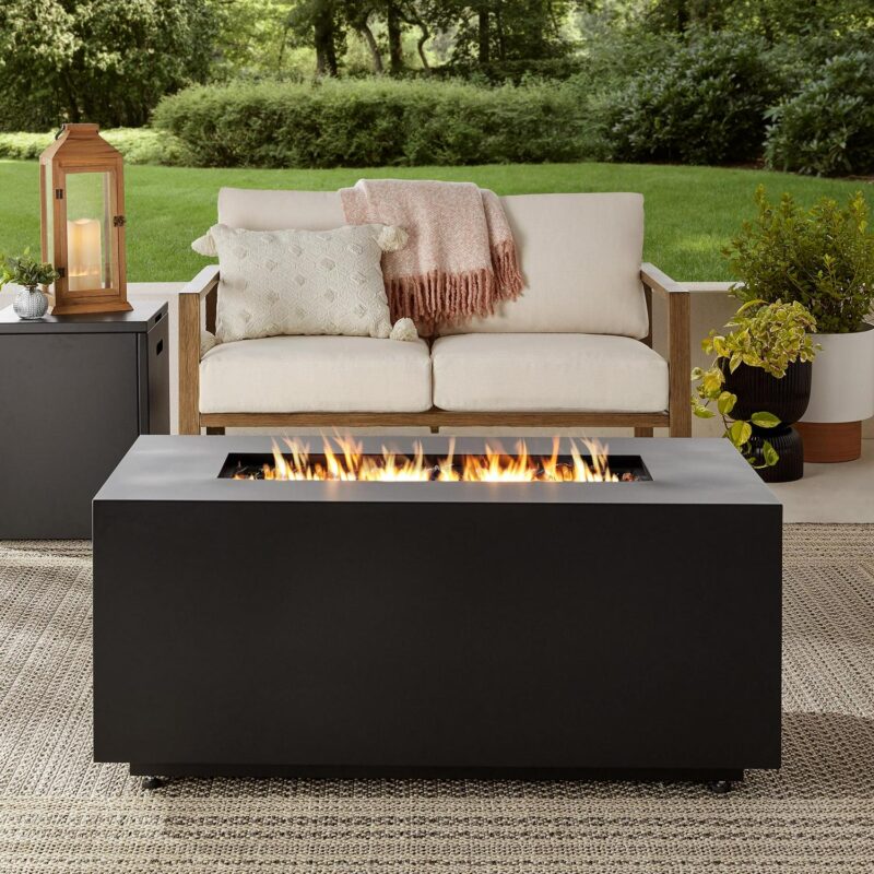Mainstays 42  Rectangle Black Finish Modern Steel Fire Pit: 42  x 20  50000 BTU Propane Fire Pit Table with Lid, Tank Hideaway and Cover