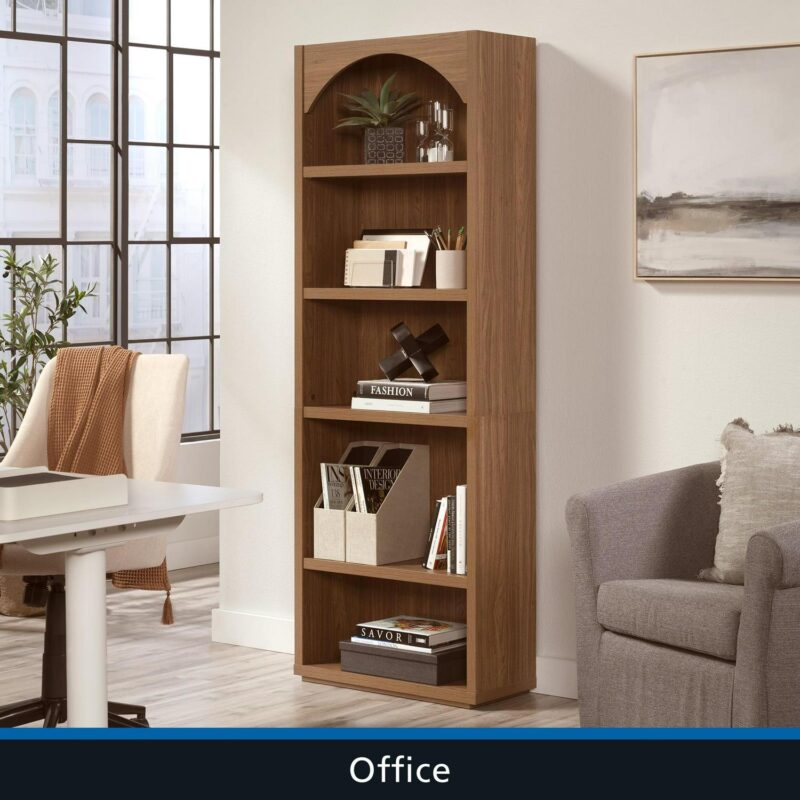 Mainstays 5 Shelf Westley Arch Bookcase, Warm Walnut Finish - Image 9