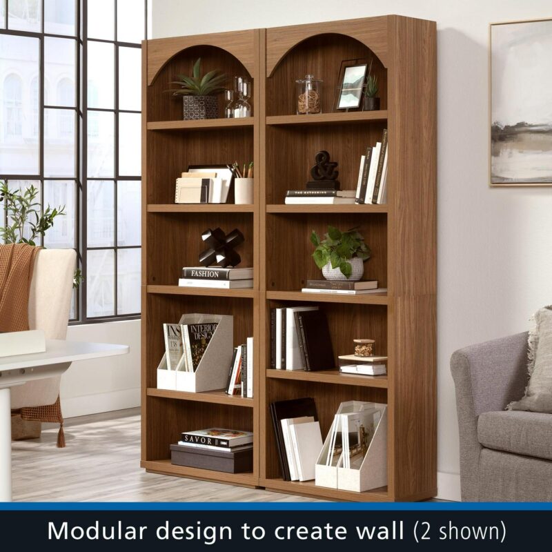 Mainstays 5 Shelf Westley Arch Bookcase, Warm Walnut Finish - Image 10