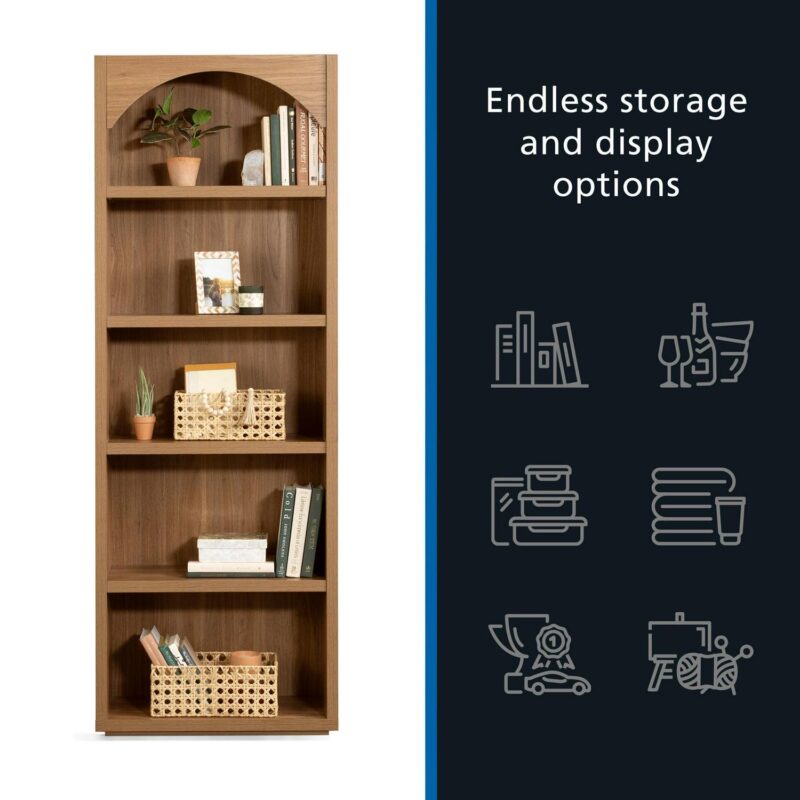 Mainstays 5 Shelf Westley Arch Bookcase, Warm Walnut Finish - Image 11