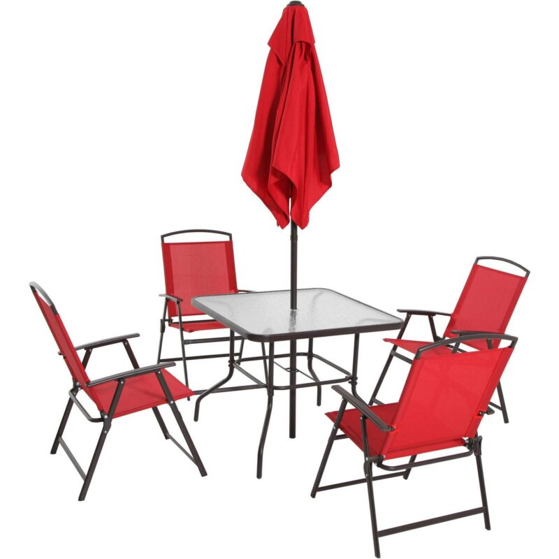 Mainstays Albany Lane Steel 6-Piece Outdoor Patio Dining Set with Umbrella, Red - Image 2