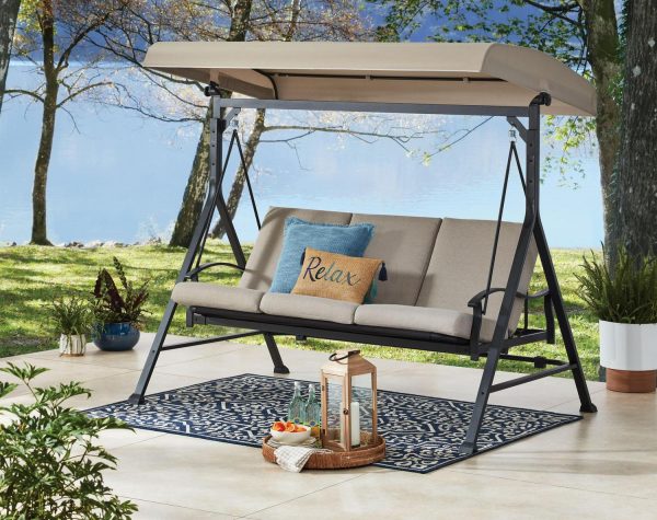 Mainstays Belden Park 3 Person Convertible Daybed Outdoor Steel Porch Swing with Canopy - Beige