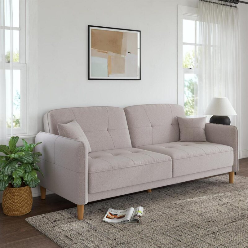 Mainstays Claremonte 78  Tufted Sofa with 2 Throw Cushions, Light Gray Linen - Image 2