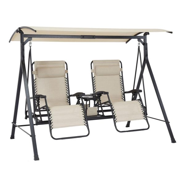 Mainstays Dashwood 2-Seat Steel Freestanding Canopy Porch Swing with Center Table, Beige/Black