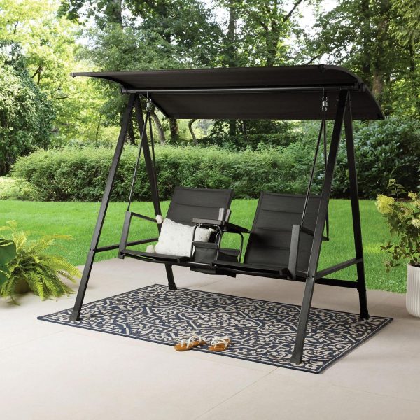 Mainstays Dashwood 2-Seat Steel Canopy Porch Swing with Oversized Sling Seats, Black