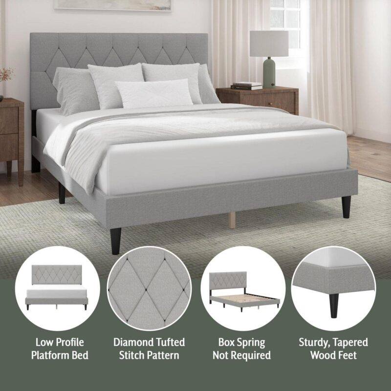 Mainstays Hillside Diamond Tufted Upholstered Queen Platform Bed, Gray - Image 5