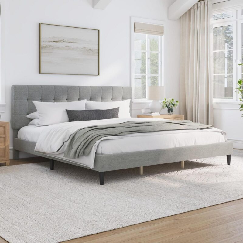 Mainstays Hillside Square Tufted Upholstered King Platform Bed, Light Gray Fabric - Image 11