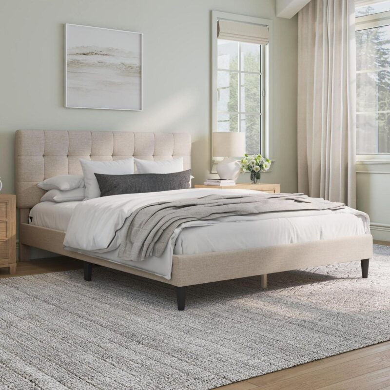 Mainstays Hillside Square Tufted Upholstered Full Platform Bed, Ivory Fabric - Image 2