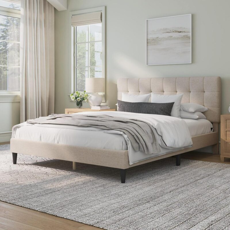 Mainstays Hillside Square Tufted Upholstered Full Platform Bed, Ivory Fabric - Image 11