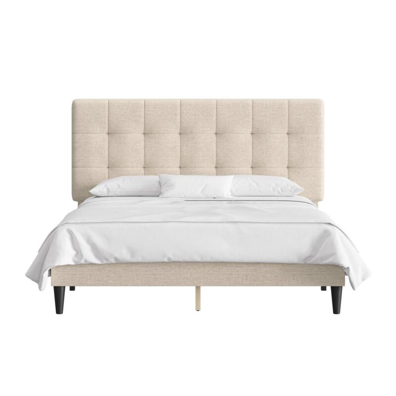 Mainstays Hillside Square Tufted Upholstered Full Platform Bed, Ivory Fabric - Image 5