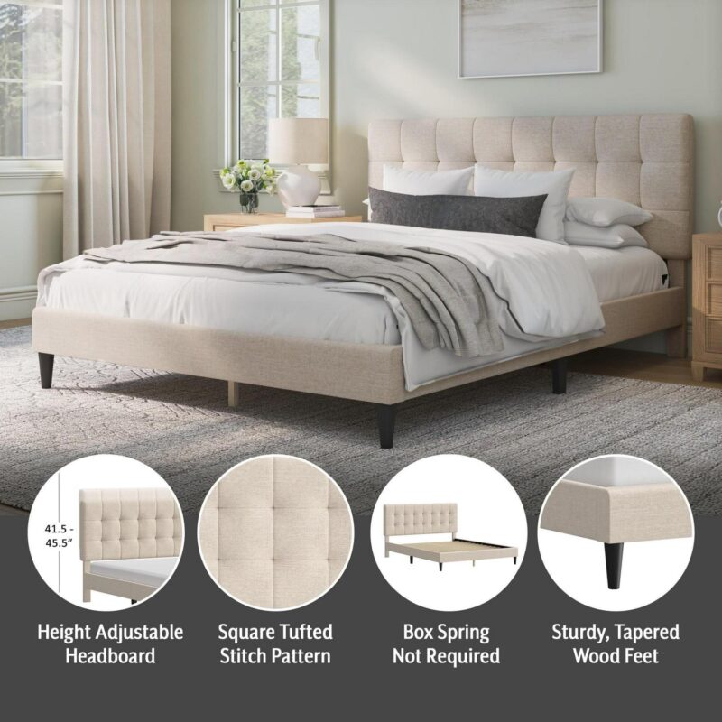 Mainstays Hillside Square Tufted Upholstered Full Platform Bed, Ivory Fabric - Image 19