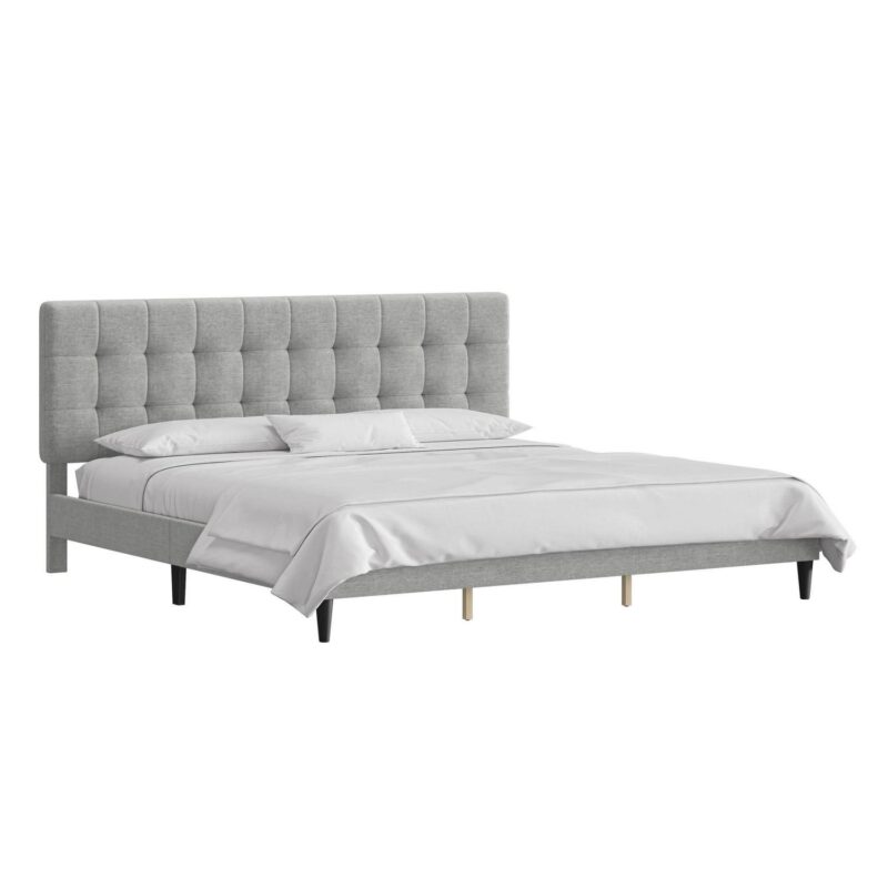 Mainstays Hillside Square Tufted Upholstered King Platform Bed, Light Gray Fabric - Image 19