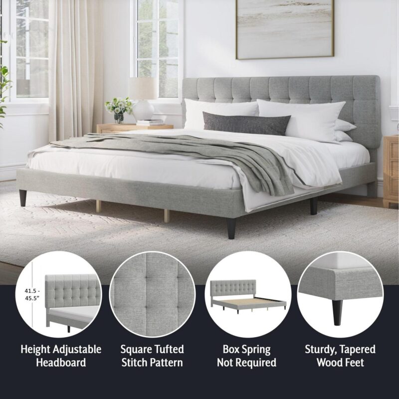 Mainstays Hillside Square Tufted Upholstered King Platform Bed, Light Gray Fabric - Image 12