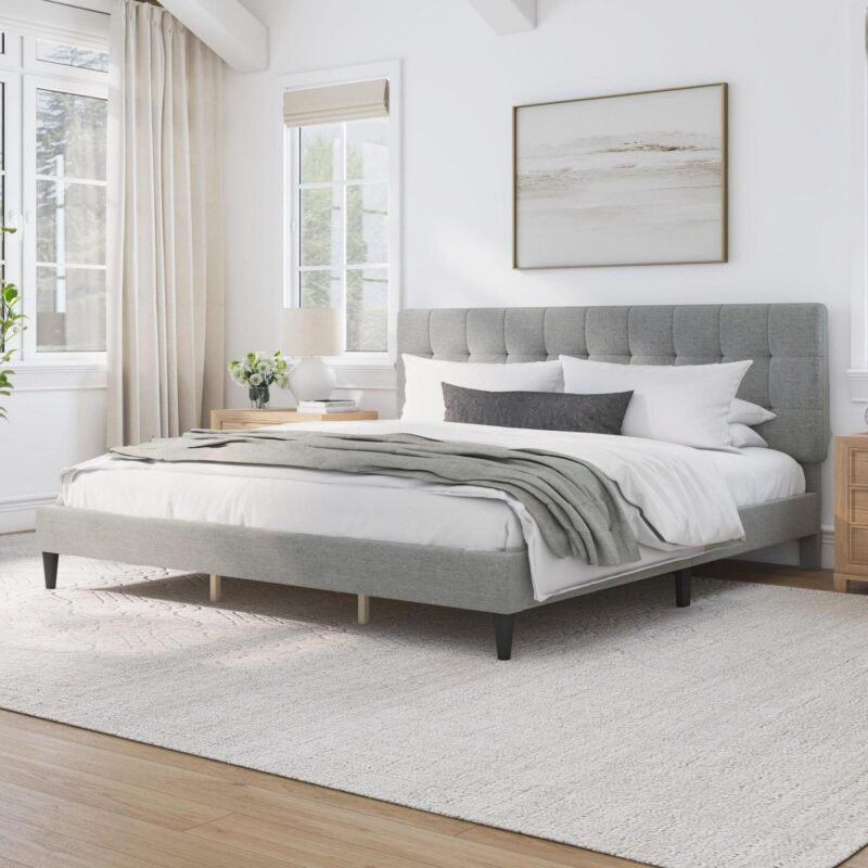 Mainstays Hillside Square Tufted Upholstered King Platform Bed, Light Gray Fabric - Image 4