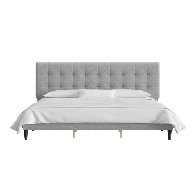 Mainstays Hillside Square Tufted Upholstered King Platform Bed, Light Gray Fabric - Image 5