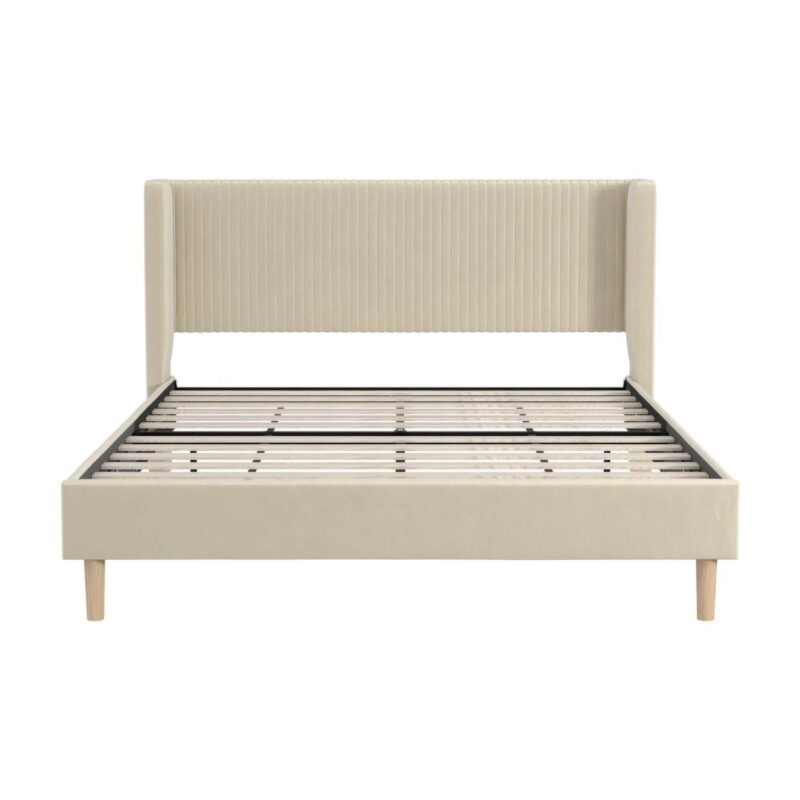 Mainstays Kelsey Upholstered Wingback Platform Bed, Queen, Cream Velvet - Image 8