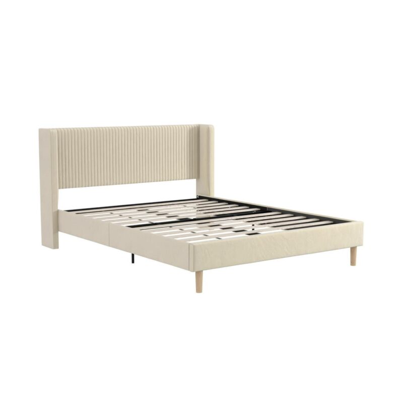 Mainstays Kelsey Upholstered Wingback Platform Bed, Queen, Cream Velvet - Image 4
