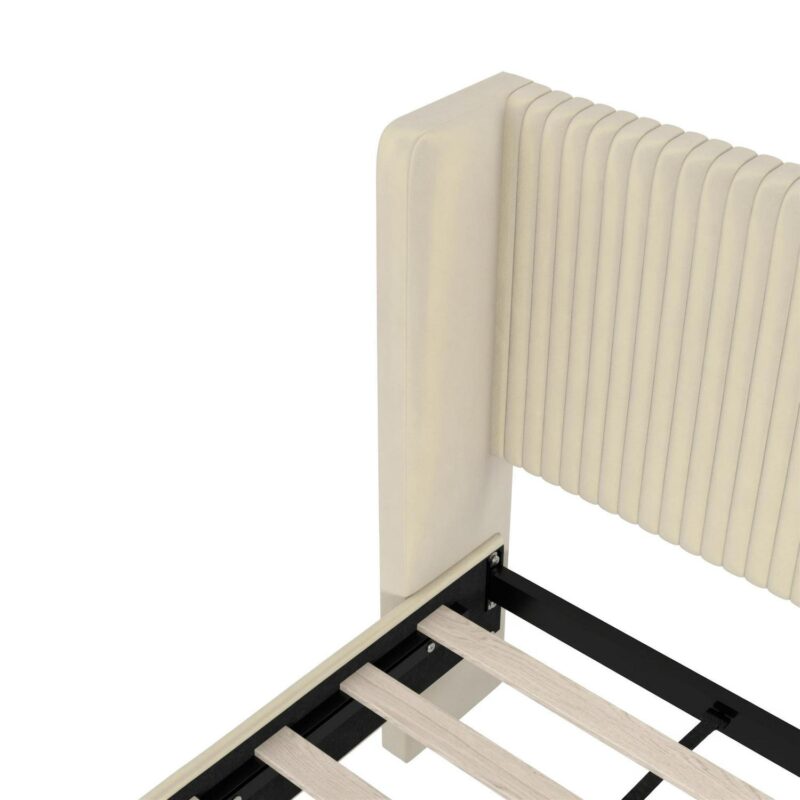Mainstays Kelsey Upholstered Wingback Platform Bed, Queen, Cream Velvet - Image 3
