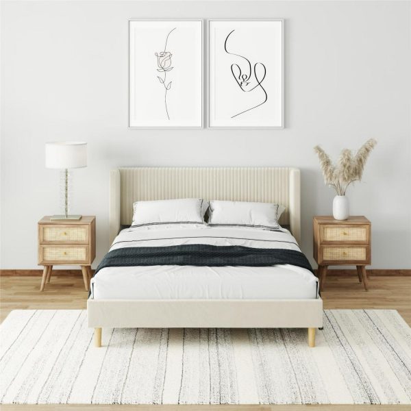 Mainstays Kelsey Upholstered Wingback Platform Bed, Queen, Cream Velvet