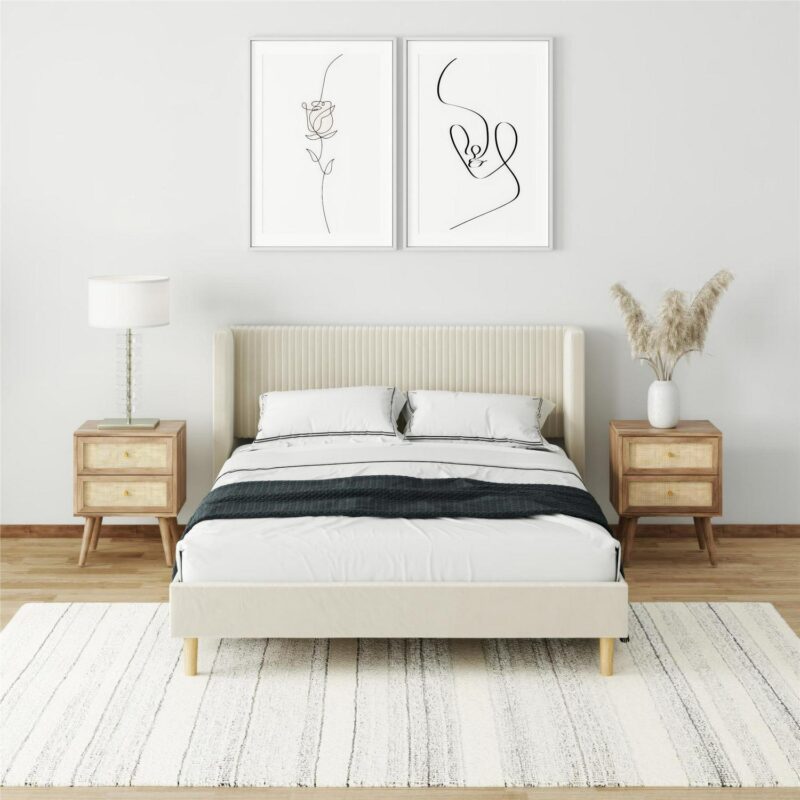 Mainstays Kelsey Upholstered Wingback Platform Bed, Queen, Cream Velvet