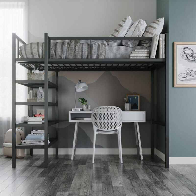 Mainstays Metal Storage Loft Bed with Book Case, Black, Twin - Image 3