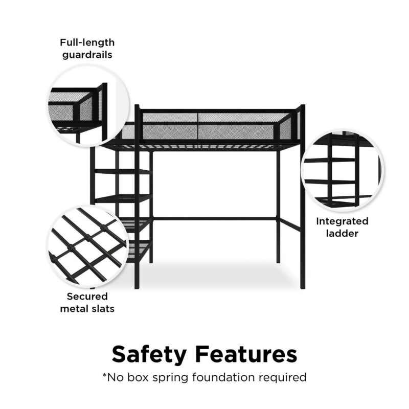 Mainstays Metal Storage Loft Bed with Book Case, Black, Twin - Image 5