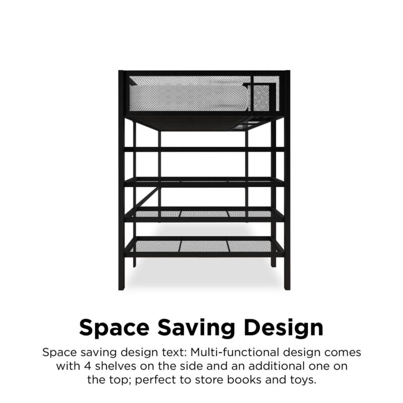 Mainstays Metal Storage Loft Bed with Book Case, Black, Twin - Image 6