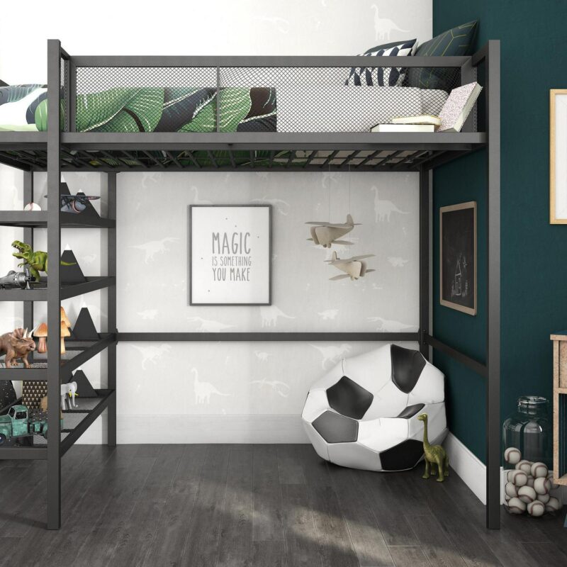 Mainstays Metal Storage Loft Bed with Book Case, Black, Twin - Image 14