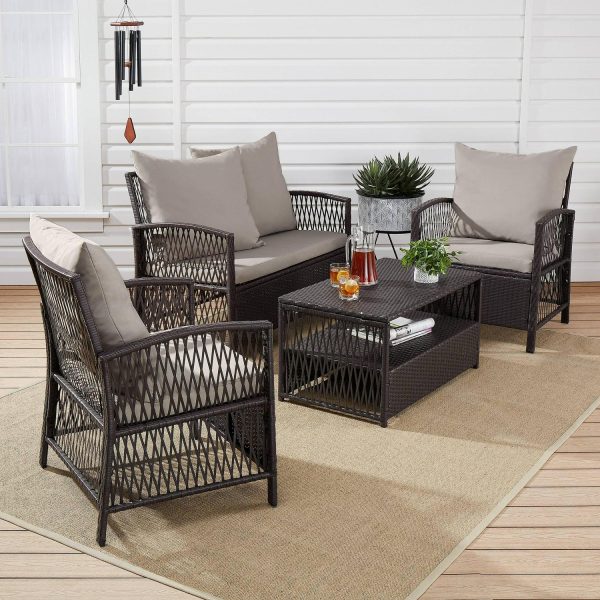 Mainstays Sanza 4-Piece Outdoor Rattan Wicker Conversation Set, Mocha/Beige