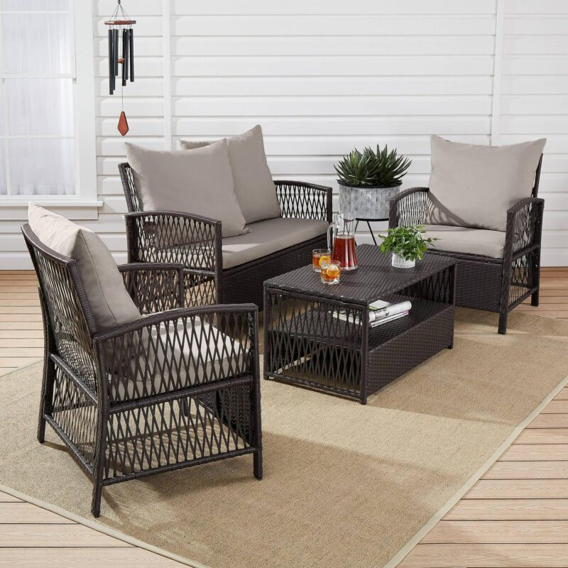 Mainstays Sanza 4-Piece Outdoor Rattan Wicker Conversation Set, Mocha/Beige