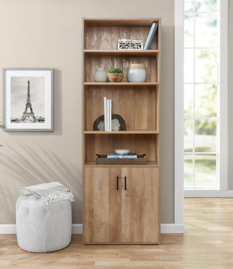 Mainstays Traditional 5 Shelf Bookcase with Doors, Weathered Oak Finish - Image 4