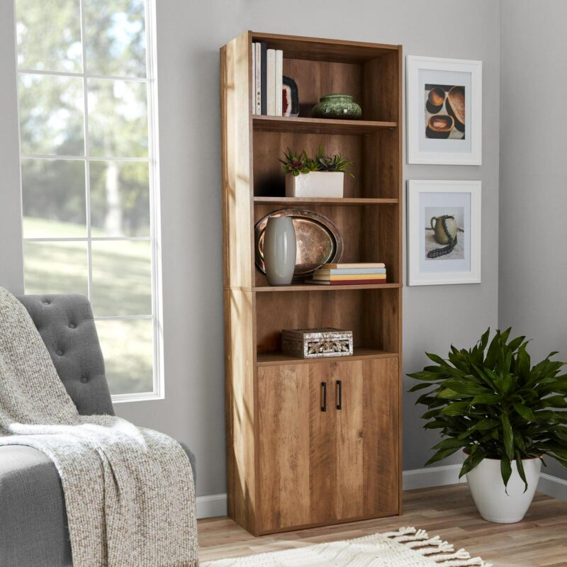 Mainstays Traditional 5 Shelf Bookcase with Doors, Weathered Oak Finish - Image 2